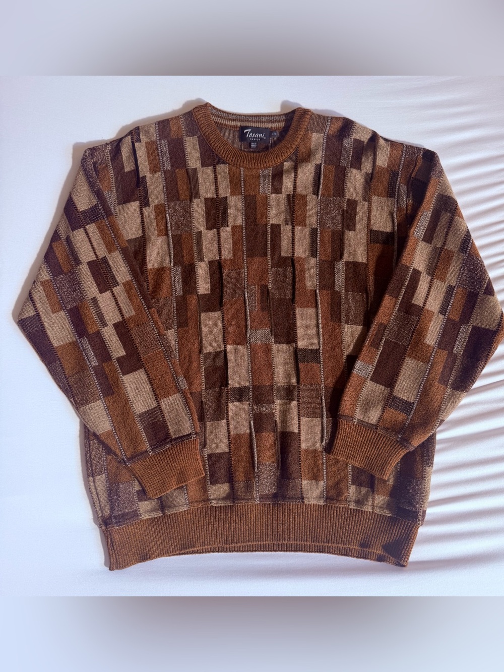Tosani Men's Brown Geometric Colorblock Raised Knit Earth Tone Crewneck Sweater